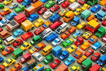 Fototapeta premium Colorful Toy Cars and Trucks Arranged in a Dynamic Pattern Following the Rule of Thirds