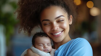 Fototapeta premium Happy mother holding sleeping baby, indoor cafe