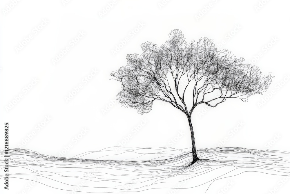 Poster artistic representation of a tree in a minimalist landscape featuring delicate linework and gentle c
