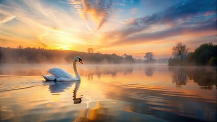 Naklejka premium Art Swan floating on the water at sunrise of the day, serene landscape