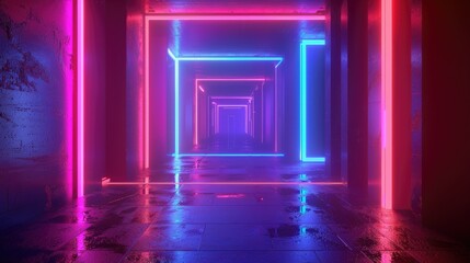 A futuristic corridor illuminated by vibrant neon lights in pink and blue hues.