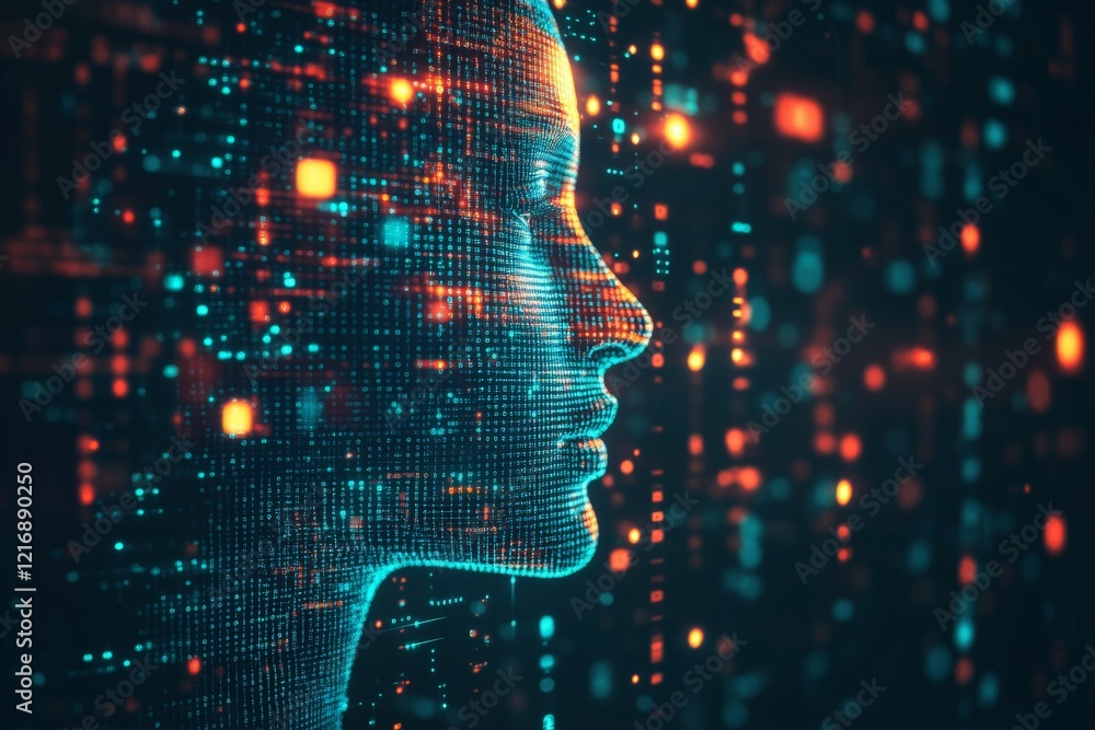 Poster digital representation of a human profile illuminated by vibrant data streams in a futuristic settin
