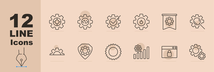 Settings set icon. Gear, code symbol, approval check, control toggle, flagged gear, cogwheel search, shield gear, system performance, graph cog, locked settings, workflow. Customization