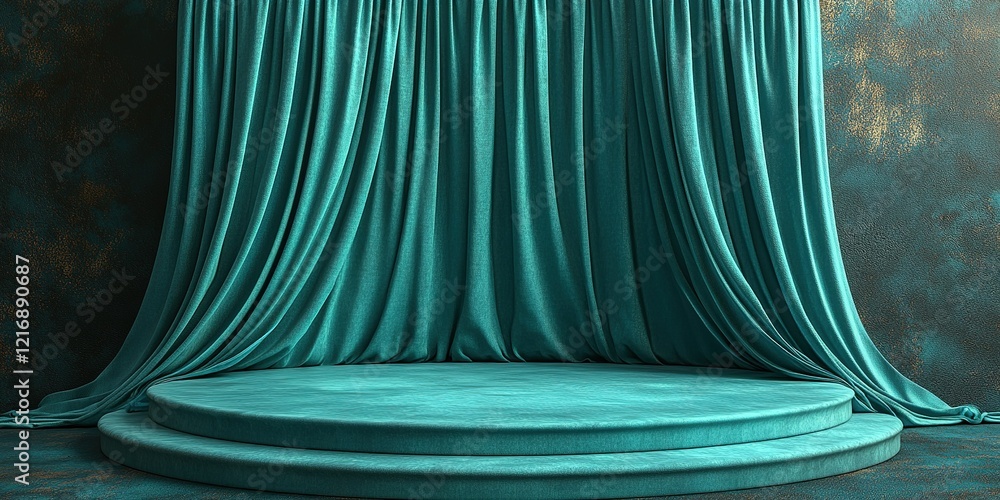 Poster teal fabric drapery and circular stage create an elegant setting for presentations or performances i