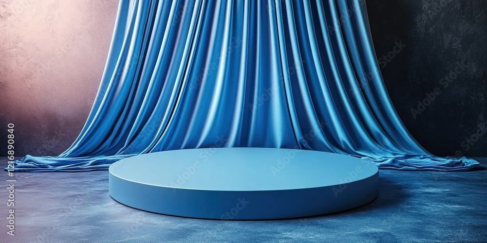 Poster elegant blue stage setup with draped fabric and circular platform for events or presentations