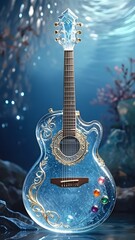 A fantastical crystal - like guitar with an underwater theme, featuring fish and aquatic patterns. Ideal for music - related art projects, album covers, and fantasy - themed merchandise designs. 