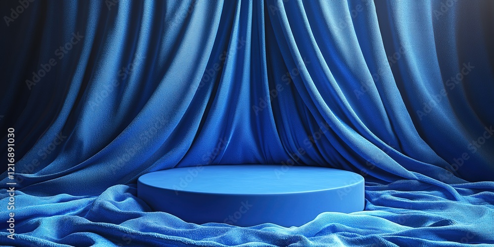Poster elegant blue backdrop with round display platform set for a presentation or performance in a dimly l