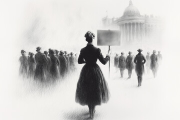 illustration of silhouette of woman protester with crowd at government building