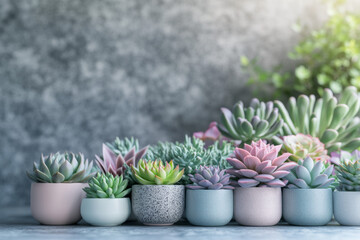 Obraz premium Succulent plants arranged in decorative pots for a fresh indoor display