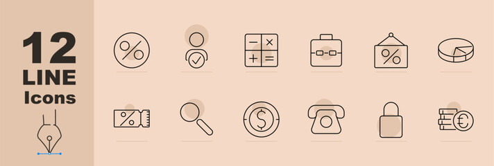 Finance tools set icon Percentage, approval, calculator, briefcase, discount sign, chart, price tag, magnifier, coin, telephone, lock, euro coins. Finance, calculations, business