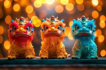 Colorful lion dance figurines displayed at a festive event during a vibrant celebration in a lively city