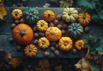 A Vibrant Autumn Harvest Display Featuring Diverse Pumpkins and Chestnuts Arranged on a Wooden Table Surrounded by Colorful Fall Leaves