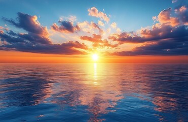 Obraz premium A serene sunrise over the ocean, with reflecting on the calm waters, The sun is just rising on the horizon, casting long shadows across the water's surface. In the background.