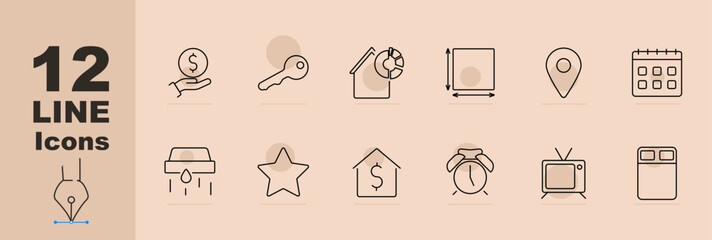 Property management set icon Payment hand, key, house stats, dimensions, location, calendar, water leak, star, cost, alarm clock, tv, bed. Property, maintenance, home