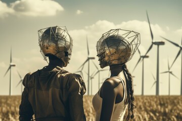 Two engineers wearing futuristic helmets are observing wind turbines in a wheat field, showcasing sustainable energy and technological advancement