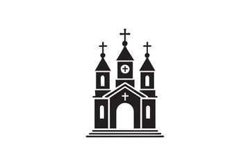 simple and subtle vector silhouette of church in black and white, set against a white background. 