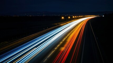 Colorful Light Trails on Dark Highway at Night