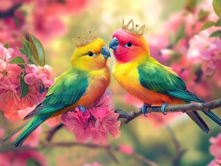 Crowned parrots perched on blooming branch, spring garden background, romantic card