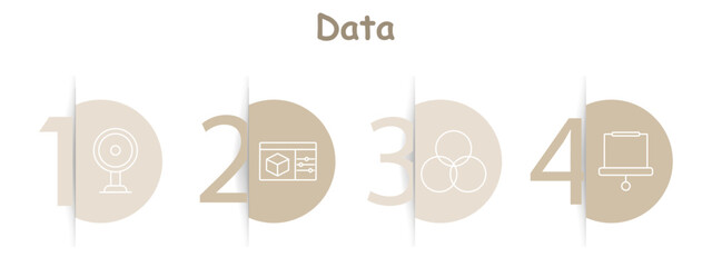 Data management set icon Camera, dashboard, venn diagram, presentation board. Analysis, visuals, organization