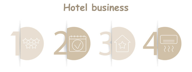 Hotel business set icon. Stars, calendar, hotel, air conditioning, booking, hospitality, travel, accommodation, comfort, vacation, reservation.