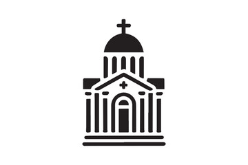 simple and subtle vector silhouette of church in black and white, set against a white background. 