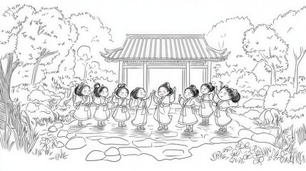 Traditional Dance Scene Illustrated in Black and White with Background