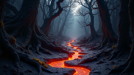 Vibrant frozen lava flows through ancient forest, illuminated by shafts of light.