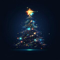 A dazzling Christmas tree illustration glows against a dark background with vibrant light