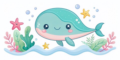 Fototapeta premium Cute Cartoon Sea Creatures Minimalist White Background Stock Photo