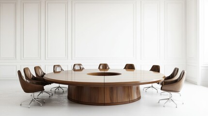 Modern round conference table in a white room