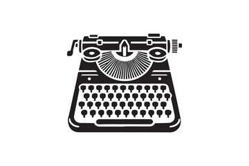 simple and subtle vector silhouette of typewriter in black and white, set against a white background. 