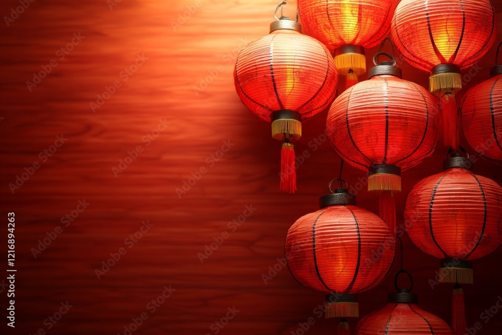 Poster red paper lanterns hang against a rustic wooden background creating a warm and festive atmosphere