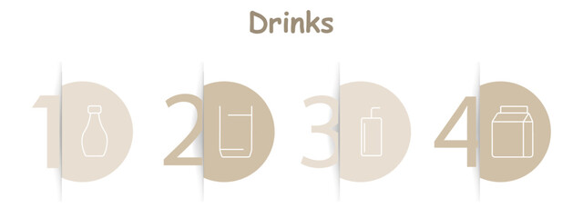 Drinks set icon. Bottle, glass, bottle with straw, carton, beverages, hydration, juice, milk, packaging, containers