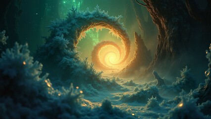 Iridescent colors in crystalline formations with delicate silver lichens and frost-kissed tree trunk.