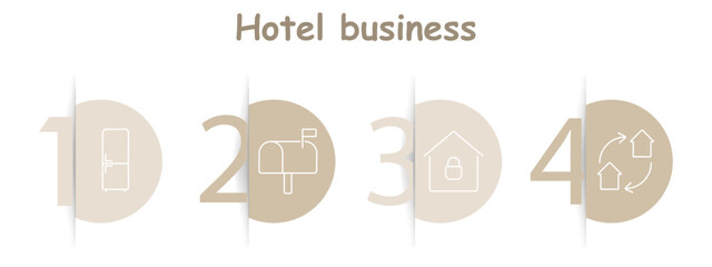 Hotel business set icon. Refrigerator, mailbox, locked house, exchange arrows, hospitality, communication, security, property.