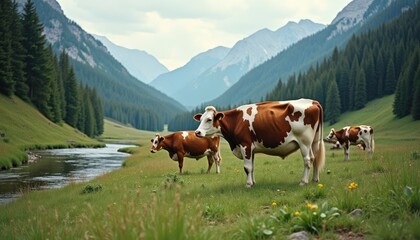 Naklejka premium Alpine Cows: Serene Pastoral Scene in a Mountain Valley