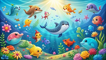 Obraz premium Cute Sea Animal Clipart Landscape with Copy Space for Design