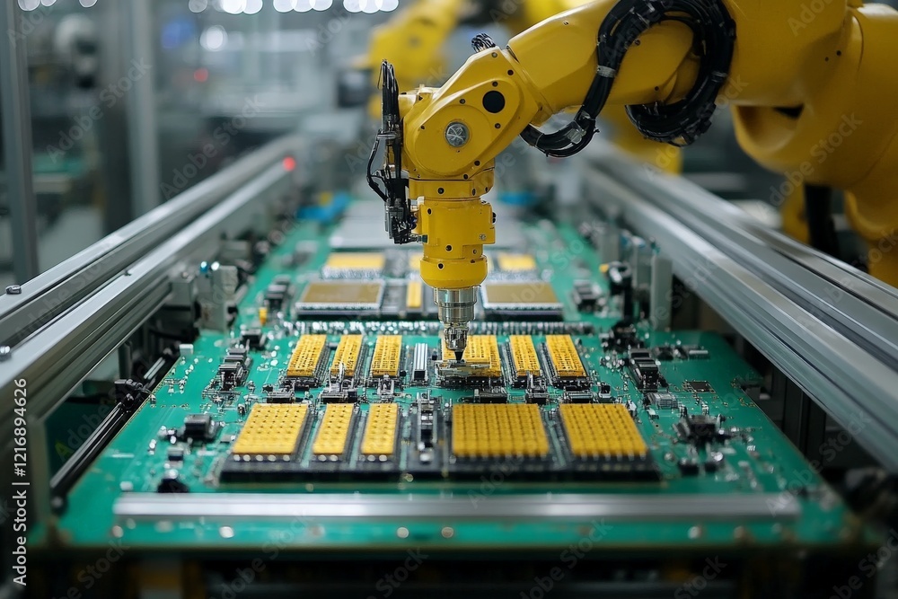 Poster robots automate assembly line with precision in a modern electronics manufacturing facility
