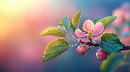 A close-up of a vibrant apple blossom branch, with delicate pink petals and lush green leaves illuminated by soft golden light. The dreamy background adds to the romantic springtime feel.