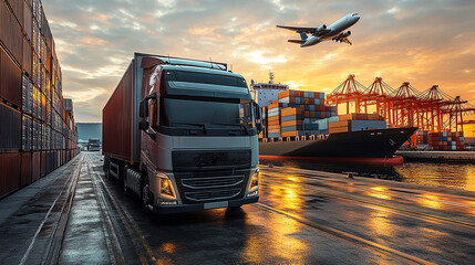 Sunset scene showcasing a freight truck on a dock, a container ship in port, and an airplane in flight.