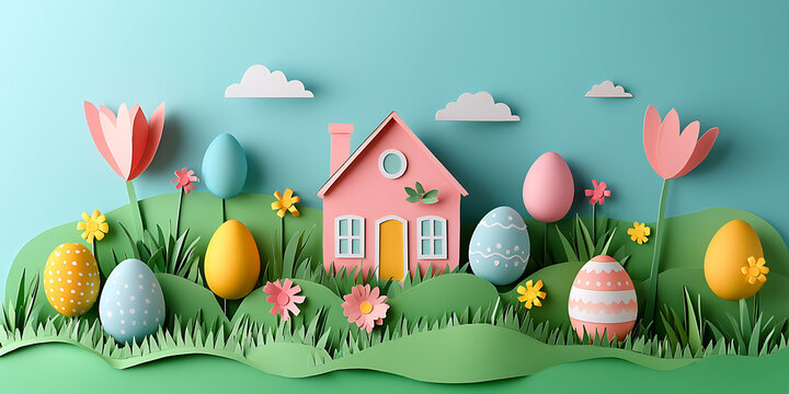 Paper craft Easter scene: pastel eggs, house, flowers, and grass.