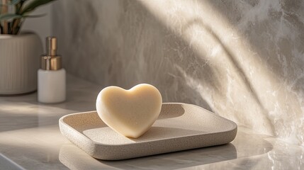 A heart-shaped soap bar resting on a neutral-colored tray in a minimalist bathroom picture