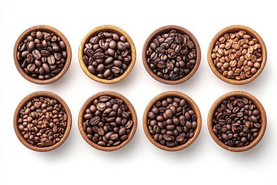 Variety of coffee beans displayed in bowls showcasing different roasts and types for a coffee tasting experience