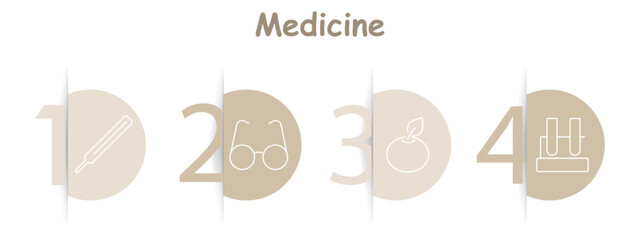 Fototapeta premium Medicine set icon. Thermometer, eyeglasses, apple with leaf, dumbbells, healthcare tools, fitness, nutrition, diagnostics
