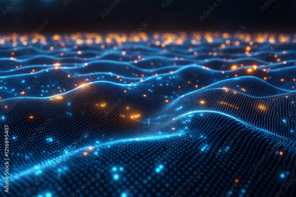 Aufkleber vibrant digital landscape with glowing particles and wave-like patterns in a dark background