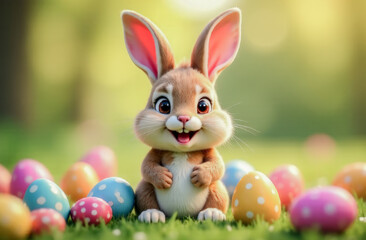 Happy Easter bunny with lots of colorful Easter eggs. Happy Easter Holiday