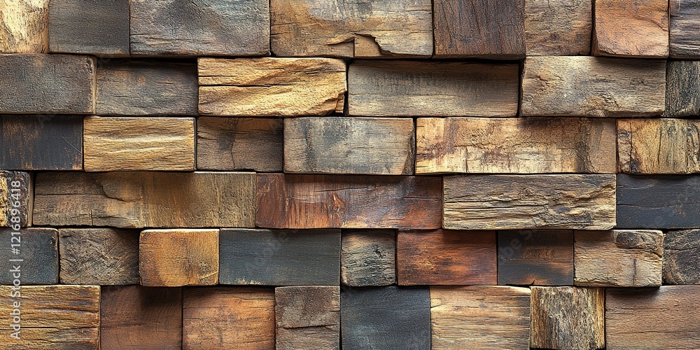 Poster wooden blocks arranged in a rustic pattern showcasing various textures and tones in natural light