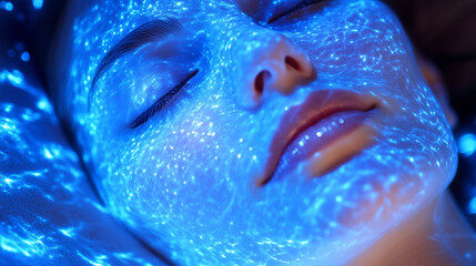 A face wrapped in rejuvenating LED therapy light, surrounded by ethereal, glowing patterns