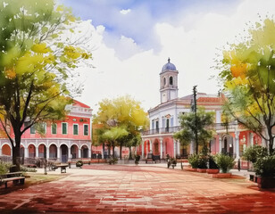 Fototapeta premium Watercolor of Colonial American Town AI