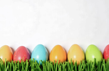 Fototapeta premium Easter card with bright colors and Easter eggs on a white background. free space for text
